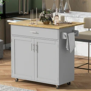 BABOOM Gray Mdf Base with Wood Top Rolling Kitchen Island (25.7-in x 39-in x 34-in)
