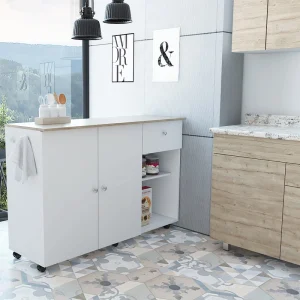 BABOOM White Composite Base with Composite Top Rolling Kitchen Island (18.1-in x 53.5-in x 36.2-in)