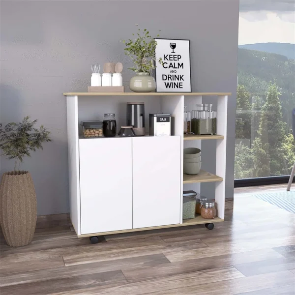 BABOOM White Composite Base with Wood Top Rolling Kitchen Island (15.75-in x 39.37-in x 35.43-in)