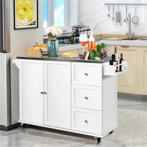 BABOOM White Mdf Base with Stainless Steel Metal Top Rolling Kitchen Island (18-in x 53-in x 36-in)