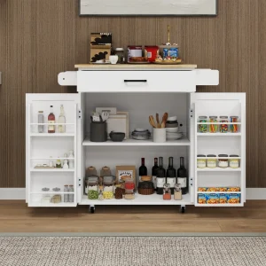 BABOOM White Mdf Base with Wood Top Rolling Kitchen Island (17.71-in x 36.61-in x 36.02-in)