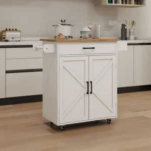 BABOOM White Mdf Base with Wood Top Rolling Kitchen Island (17.72-in x 37.99-in x 36.02-in)