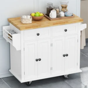 BABOOM White Mdf Base with Wood Top Rolling Kitchen Island (17.72-in x 43.31-in x 33.27-in)