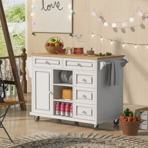 BABOOM White Mdf Base with Wood Top Rolling Kitchen Island (18.1-in x 52.8-in x 36.2-in)