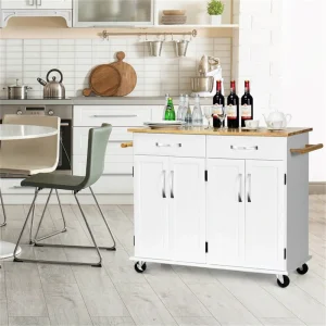BABOOM White Mdf Base with Wood Top Rolling Kitchen Island (18.5-in x 48.5-in x 36.5-in)