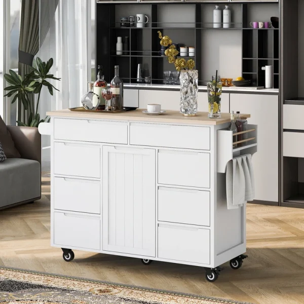 BABOOM White Mdf Base with Wood Top Rolling Kitchen Island (18.5-in x 53.1-in x 37-in)