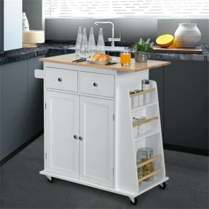 BABOOM White Mdf Base with Wood Top Rolling Kitchen Island (18-in x 34.5-in x 35.5-in)