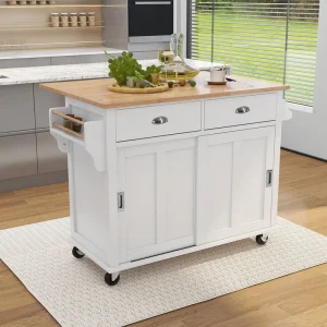BABOOM White Mdf Base with Wood Top Rolling Kitchen Island (20.5-in x 52.2-in x 36.6-in)