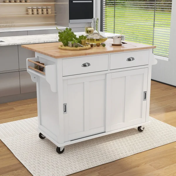 BABOOM White Mdf Base with Wood Top Rolling Kitchen Island (20.5-in x 52.2-in x 36.6-in)