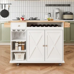 BABOOM White Mdf Base with Wood Top Rolling Kitchen Island (24.8-in x 44-in x 36.25-in)