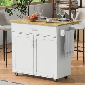 BABOOM White Mdf Base with Wood Top Rolling Kitchen Island (25.7-in x 39-in x 34-in)