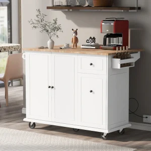 BABOOM White Mdf Base with Wood Top Rolling Kitchen Island (28.7-in x 53.9-in x 36.8-in)