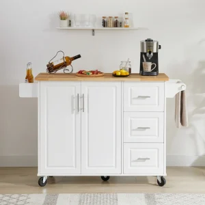 BABOOM White Mdf Base with Wood Top Rolling Kitchen Island (29.1-in x 53.8-in x 35.5-in)