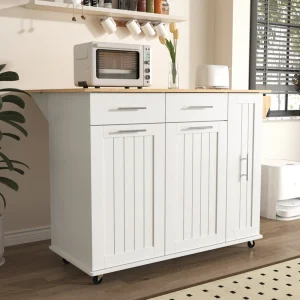 BABOOM White Mdf Base with Wood Top Rolling Kitchen Island (29.5-in x 46-in x 37-in)
