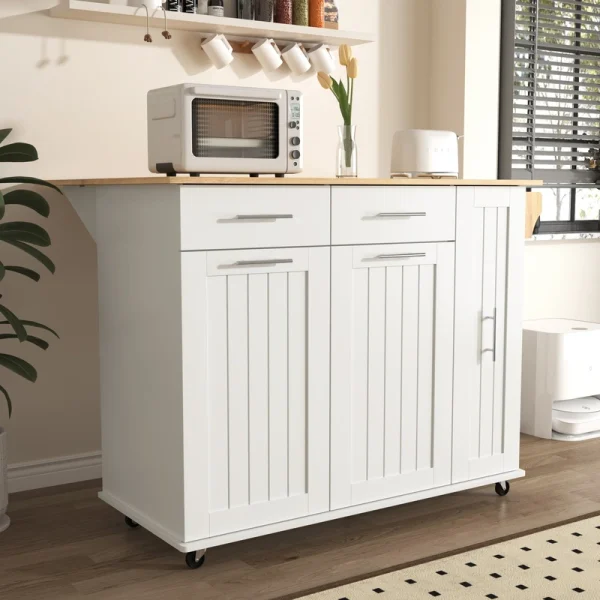 BABOOM White Mdf Base with Wood Top Rolling Kitchen Island (29.5-in x 46-in x 37-in)