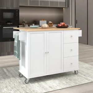 BABOOM White Mdf Base with Wood Top Rolling Kitchen Island (29.5-in x 52.7-in x 36.81-in)