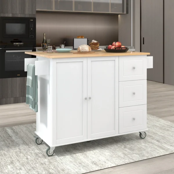 BABOOM White Mdf Base with Wood Top Rolling Kitchen Island (29.5-in x 52.7-in x 36.81-in)