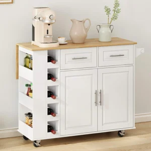 BABOOM White Mdf Base with Wood Top Rolling Kitchen Island (29.92-in x 46.46-in x 35.83-in)