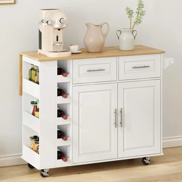 BABOOM White Mdf Base with Wood Top Rolling Kitchen Island (29.92-in x 46.46-in x 35.83-in)