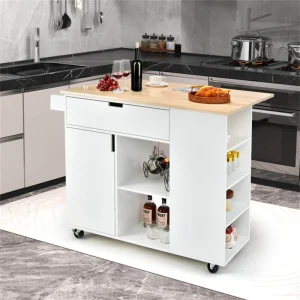 BABOOM White Mdf Base with Wood Top Rolling Kitchen Island (30-in x 49-in x 36-in)