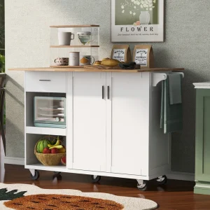 BABOOM White Mdf Base with Wood Top Rolling Kitchen Island (33.2-in x 49-in x 37.6-in)