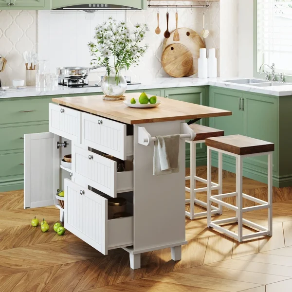 BABOOM White Wood Base with Wood Top Kitchen Island (29.5-in x 50.3-in x 36.6-in)