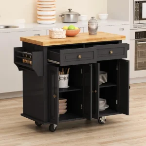Bayfeve Black 43.31 Inch Kitchen Island Cart with Two Storage Cabinets and Two Locking Wheels, 4 Door Cabinet and Two Drawers, Spice Rack, Towel Rack