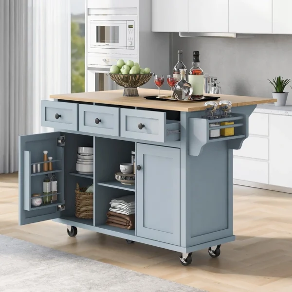 Bayfeve Grey Blue Kitchen Cart with Rubber wood Drop-Leaf Countertop ,Cabinet door internal storage racks,Kitchen Island on 5 Wheels with Storage Cabinet and 3 Drawers for Dinning Room