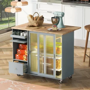 Bayfeve Grey Blue Kitchen Island with Drop Leaf, LED Light Kitchen Cart on Wheels with 2 Fluted Glass Doors and 1 Flip Cabinet Door, Large Kitchen Island Cart with an Adjustable Shelf and 2 Drawers