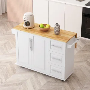 Bayfeve Kitchen Island with Drop Leaf, Kitchen Storage Cart with 3 Tier Pull Out Cabinet Organizer, Internal Storage Rack, Rolling Kitchen Cart on Wheels with Towel Rack, 2 Drawers, for Kitchen, White