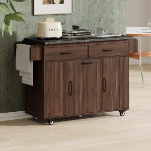 Bayfeve Kitchen Island with Trash Can Storage Cabinet, Kitchen Cart with Drop Leaf, Spice Rack, Towel Rack and Drawer, Rolling Kitchen Island on Wheels with Adjustable Shelf, Walnut Brown