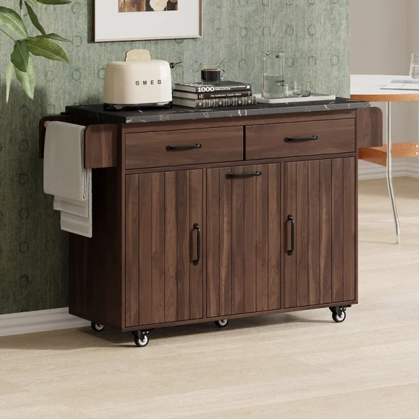 Bayfeve Kitchen Island with Trash Can Storage Cabinet, Kitchen Cart with Drop Leaf, Spice Rack, Towel Rack and Drawer, Rolling Kitchen Island on Wheels with Adjustable Shelf, Walnut Brown
