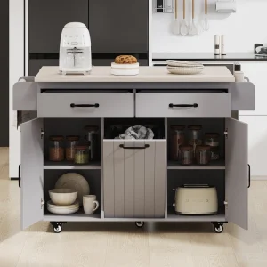 Bayfeve Kitchen Island with Trash Can Storage Cabinet, Kitchen Cart with Drop Leaf, Spice Rack, Towel Rack and Drawer, Rolling Kitchen Island on Wheels with Adjustable Shelf, Grey