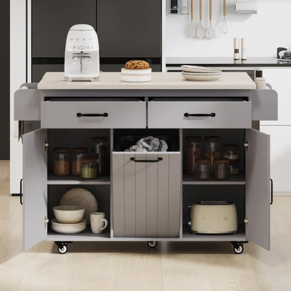 Bayfeve Kitchen Island with Trash Can Storage Cabinet, Kitchen Cart with Drop Leaf, Spice Rack, Towel Rack and Drawer, Rolling Kitchen Island on Wheels with Adjustable Shelf, Grey
