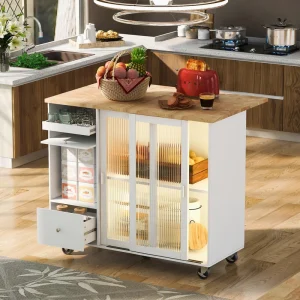 Bayfeve White Kitchen Island with Drop Leaf, LED Light Kitchen Cart on Wheels with 2 Fluted Glass Doors and 1 Flip Cabinet Door, Large Kitchen Island Cart with an Adjustable Shelf and 2 Drawers