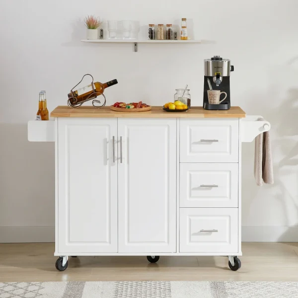 Bayfeve White Rolling Kitchen Island with Drop Leaf Countertop, with Storage Cabinet and Tower Rack