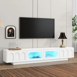 Bayfeve White TV Stand with Fluted tempered Glass Doors for TVs Up to 95 inch with Arched Cabinet Doors, Entertainment Center with APP-Controlled LED Light