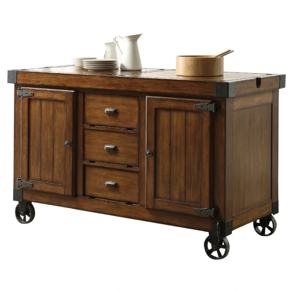 Benzara Brown Wood Veneer Base with Mdf Wood Top Kitchen Cart (22-in x 57-in x 36-in)