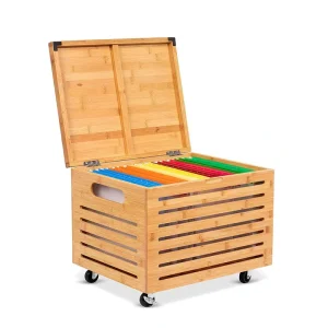 BirdRock Home Contemporary Bamboo File Organizer with Lid, Rolling Filing Box, Clear Finish, Commercial Grade, Wood Storage Container for Letter/Legal Files