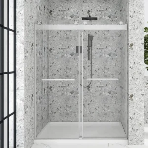 Boosicavelly 60 in. W x 76 in. H Double Sliding Frameless Shower Door in Brushed Nickel with Buffer