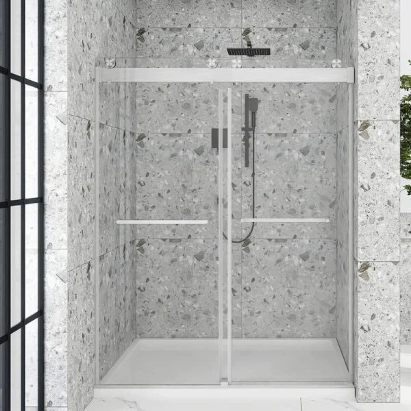 Boosicavelly 60 in. W x 76 in. H Double Sliding Frameless Shower Door in Brushed Nickel with Buffer