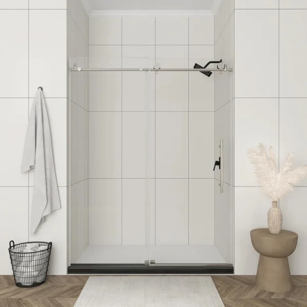 Boosicavelly 60 in. W x 76 in. H Single Sliding Frameless Shower Door in Brushed Nickel Finish with Tempered Glass