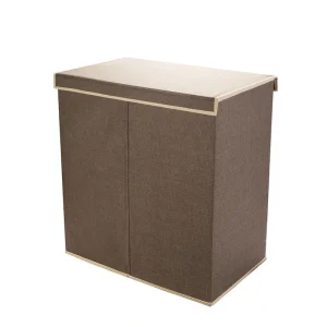 Brown Collapsible Canvas Laundry Hamper with 2 Compartments for Sorting or Folding Clothes T726937457
