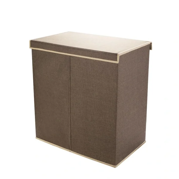 Brown Collapsible Canvas Laundry Hamper with 2 Compartments for Sorting or Folding Clothes T726937457