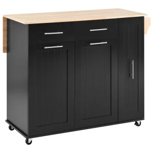 Bybafun Black Mdf Base with Mdf Wood Top Rolling Kitchen Island (29.5-in x 46-in x 37-in)