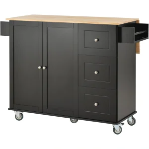 Bybafun Black Mdf Base with Wood Top Rolling Kitchen Cart (29.5-in x 52.76-in x 36.81-in)