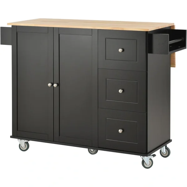 Bybafun Black Mdf Base with Wood Top Rolling Kitchen Cart (29.5-in x 52.76-in x 36.81-in)