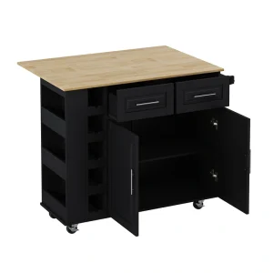 Bybafun Black Mdf Base with Wood Top Rolling Kitchen Cart (29.9-in x 46.5-in x 35.8-in)
