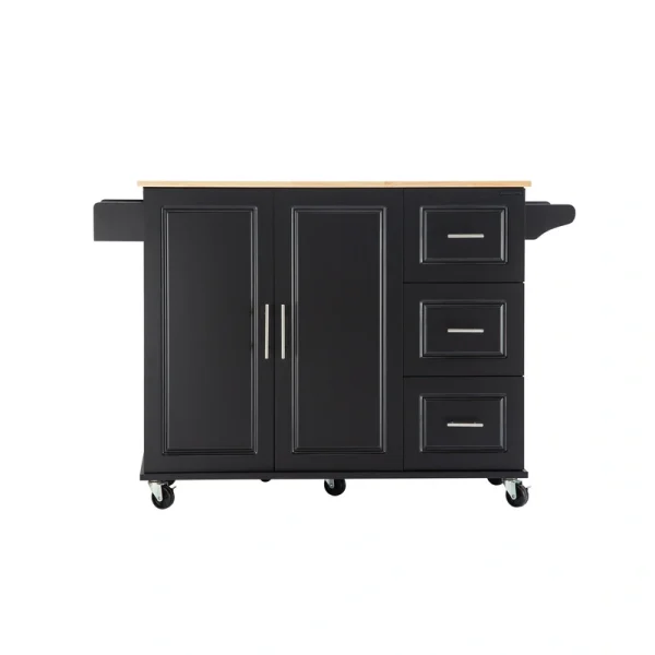 Bybafun Black Mdf Base with Wood Top Rolling Kitchen Island (30-in x 53.9-in x 36.2-in)