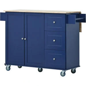 Bybafun Blue Mdf Base with Wood Top Rolling Kitchen Cart (29.5-in x 52.76-in x 36.81-in)